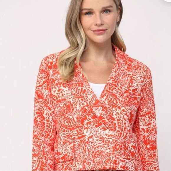 FATE Red Orange Linen Cotton Floral Print Cropped V Neck Spring Blazer NEW - Picture 2 of 16